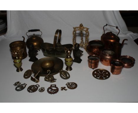 An oval brass basket with swing handle, two oriental shallow engraved brass dishes, a copper kettle and other items of brass 