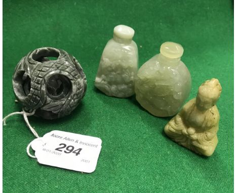 Two Chinese jade scent bottles, a carved hardstone puzzle ball and small jade figure of the Buddha in lotus position