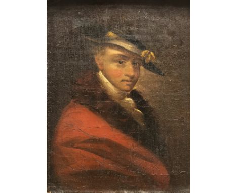 CIRCLE OF GEORGE ROMNEY (18TH CENTURY ENGLISH SCHOOL) "The Gentleman", portrait of a gentleman wearing a fur collared red coa