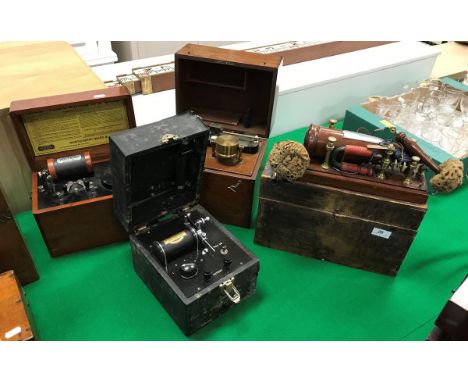 Victorian pine-cased electrotherapy unit bearing white metal plaque inscribed "Grigg's Conical Electromagnetic Machine Patent