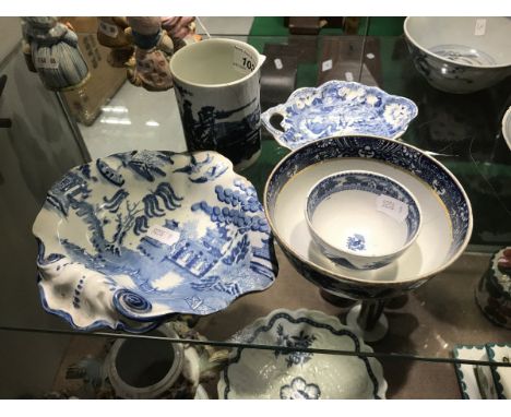 An 18th Century Worcester blue and white mug decorated with 'Man aiming a gun with another figure looking on, his dog amongst