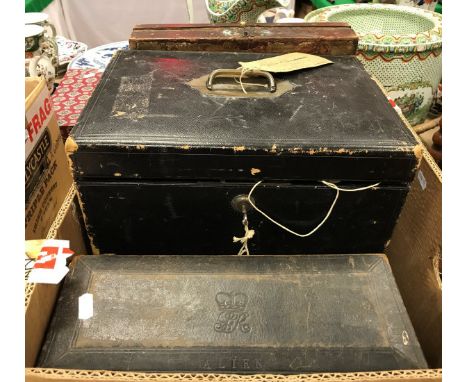 A box of various leather covered and lacquered boxes including a George III deed box by "J. Powell Messengers, Trunk Maker of