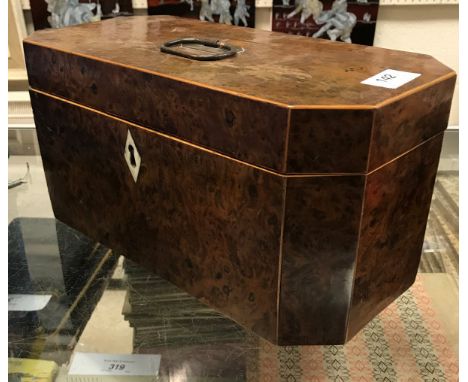 An early 19th Century burr yew lidded box with fabric covered interior (formerly tea caddy)
