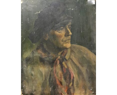 KITTY HAMLEY "Gentleman with neck tie and cap", portrait study, oil on board, initialled lower right, unframed, image size ap