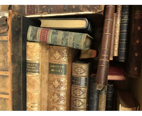 A box of various antiquarian leather-bound books, including one vol "Mediaeval Lore: An Epitome of the Science, Geography, An
