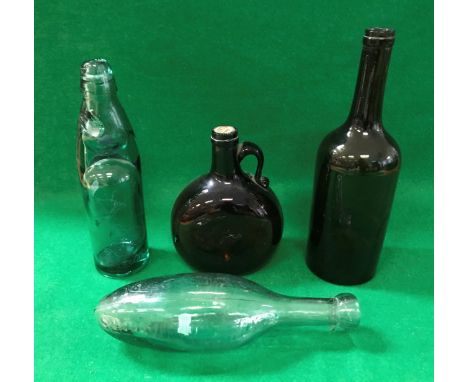 A 19th Century green glass bottle, together with a reddy brown spirit decanter, a lemonade / soda bottle with chicken decorat