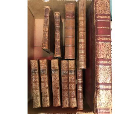 A box of antiquarian books tooled and gilded leather bound including one volume "Drunken Barnaby's four journeys to the North