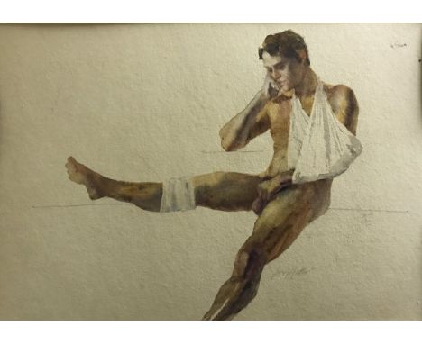 DAVID HUTTER "Sick Leave", watercolour, signed lower right   image size approx 39 cm x 55 cm, together with M W "Lily", water