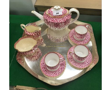 A Spode Copeland primose pattern transfer decorated tea set with teapot, cream jug and sugar bowl and three cups and saucers 