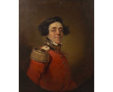 Frederique Emile O'Connell (1823-1885)Portrait of Edward Astley in scarlet uniform, signed, painted oval, 77.5 x 63.5cm Edwar