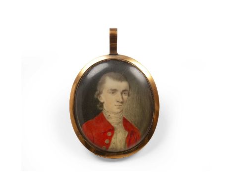 Late 18th century English SchoolAn oval miniature portrait of a gentleman, in scarlet topcoat and white stock, watercolour on