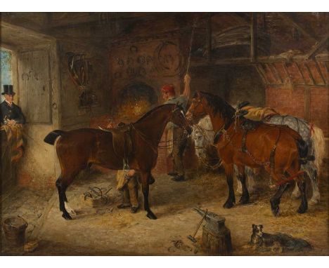 Circle of John Frederick HerringThe Blacksmith's Forge, oil on canvas, 46.5 x 59.5cm  Small split to the canvas in the upper 