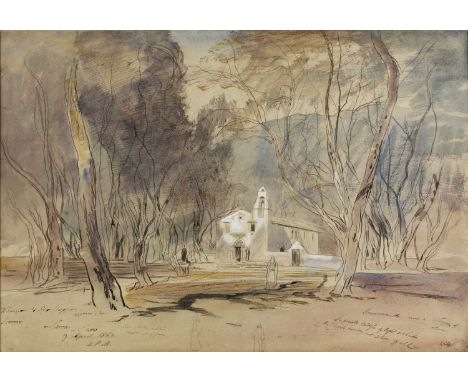 Edward Lear (1812-1888)Lacca in Paxo, inscribed and dated 9 April 1867, pen and sepia ink with colour washes and white, 35 x 