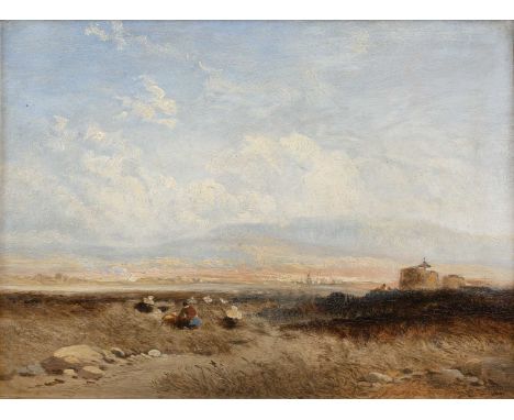 James Webb (c.1825-1895)Figures off the coast with martello tower, signed, oil on panel, 22 x 30cm