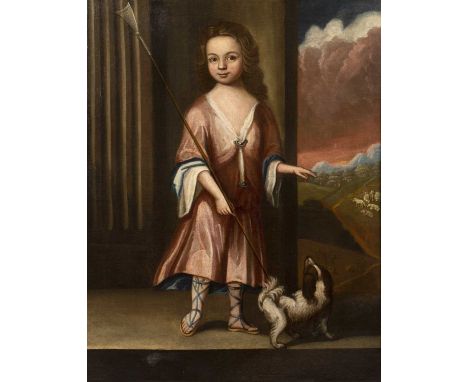 English school (18th century)Full length portrait of Jonathan King as a young boy, holding a staff and with a spaniel at his 