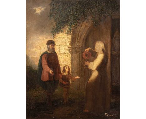 19th century English schoolColumbus and his sick child at the convent gate, inscribed verso, oil on board, 32 x 25.5cm; and a