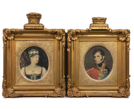 After George Dawe Princess Charlotte Augusta of Wales, and Prince Leopold of Belgium, a pair of oval coloured prints, 18.5 x 