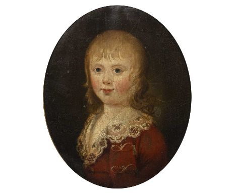 Circle of John Downman (1750-1824)Bust length portrait of a young boy wearing a lace trimmed red tunic, oil on canvas laid on