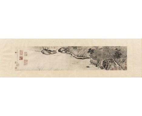 Chinese school (20th century)'Enjoying solitude on blue peaks', monochrome print with silk backing, 17 x 80cm Bears exhibitio