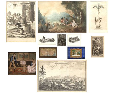After Jean Antonie WatteauThe Embarkation for Cythera, coloured print, in shaped and pierced rococo frame, 22.5 x 34cm; and a