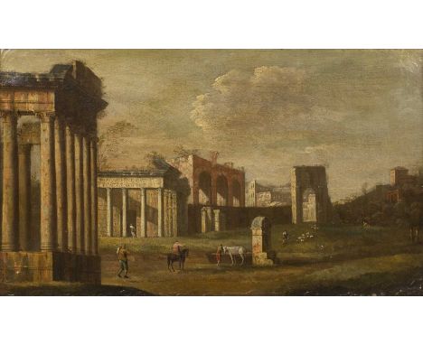 18th century Italian schoolFigures amidst ruins, possibly the Forum, Rome, oil on canvas, 36.5 x 61.5cm  Not lined. Paint is 