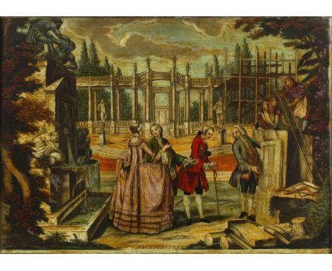A late 18th century reverse painted print on glass Architecture, 25 x 35.5cm, and two further - lady in waiting, and Flora th