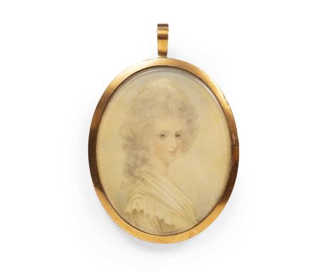 Early 19th century English schoolAn oval miniature portrait of a lady, wearing a white lace edged shawl and having grey coiff