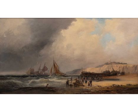 William Thornley (act. 1858-1898)Coastal scene with numerous figures on the beach, signed, oil on canvas, 59 x 105cm  Not lin