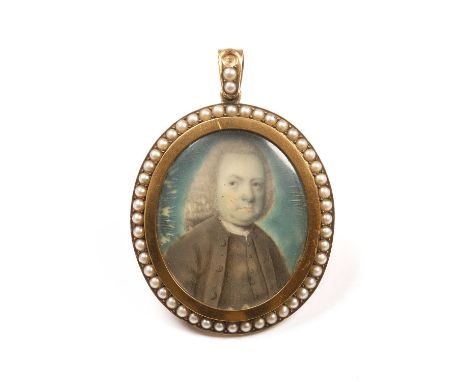 Late 18th century English schoolAn oval miniature portrait of a gentleman, in grey coat with white stock, watercolour on ivor