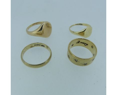 A 9ct yellow gold Wedding Band, Size P, together with two 9ct gold signet rings, both with inscriptions and a wide 9ct gold b