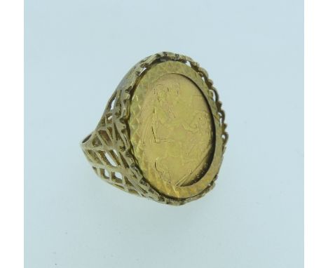 A George V gold Half Sovereign, dated 1914, in a 9ct gold ring mount with pierced shoulders, Size K, approx total weight 7.9g