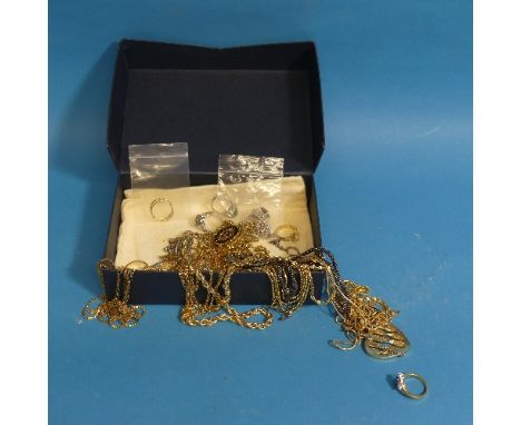 A quantity of Costume Jewellery, including four jade bangles in two presentation boxes, gilt metal chains, paste set dress ri