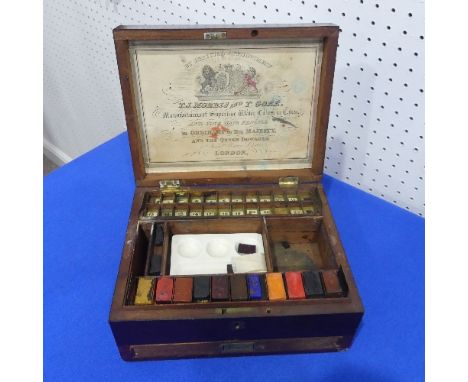 A 19th century mahogany Paint Box, T J Morris &amp; T Gore, Ave Maria Lane, London, of hinged rectangular form with maker's l