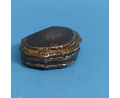 A 19thC silver Snuff Box, marks worn, lion passant and partial date letter only, of shell form, the hinged cover with foliate