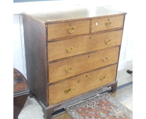 A 19thC oak Chest of Drawers,&nbsp;with brass handles on bracket feet, W 99cm x H 101cm x D 52cm. 
