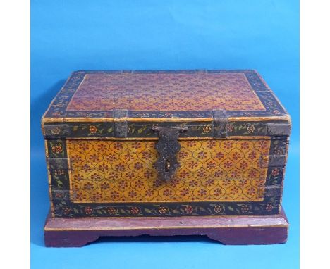 A decorative painted 'Folk Art' Casket, possibly Indian, with metal catch, W 44.5cm x H 25cm x D 34cm. 