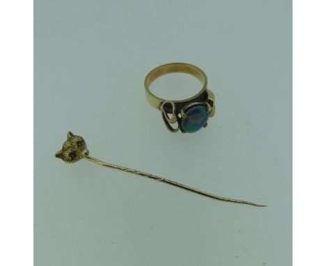 An opal doublet Ring, mounted in 9ct gold with swirl shoulders, Size M, total weight 4.3g, together with an unmarked stick pi