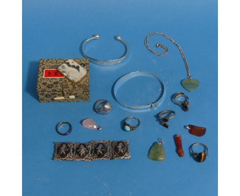 A quantity of silver and costume Jewellery, together with four jade bangles etc (a lot) 