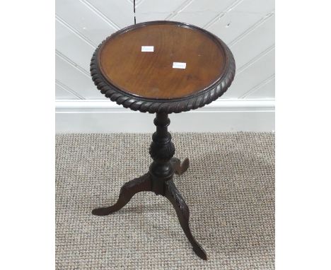 A small Victorian Mahogany wine table, with carved edges H 51cm x 28cm diameter, together with an Edwardian Sutherland table 