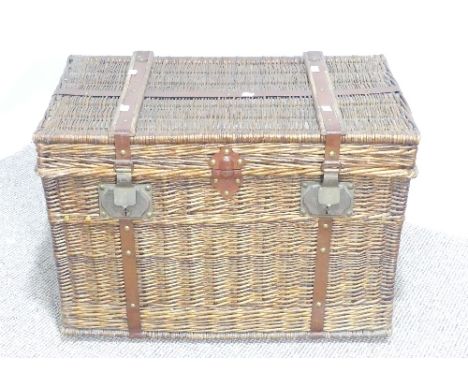 A Vintage Wicker Hamper, with metal and wood bandings to exterior and cotton lining, W 72cm x H 49cm x D 44cm. 