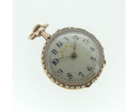 A pretty Swiss 14ct gold and enamel Fob Watch, case and cuvette marked "585", the white dial with black Arabic numerals, the 