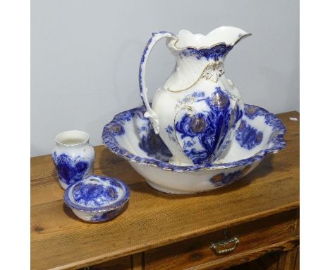 A flow blue York pottery Wash Set, comprising Wash Basin, Jug, Soap Dish, etc (4) 