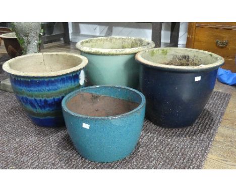 Garden Statuary; four blue ceramic garden Planters, one planter cracked (4) 
