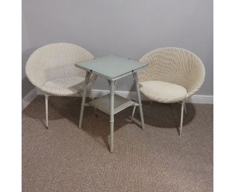 A pair of vintage white wicker satellite Chairs with corresponding table, Chairs W 75cm x H 69cm D 55cm, table W 46cm x H 69c