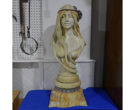 A Tudor Gate 'Water Nymph' stoneware garden Bust, circa 1993, in the Art Nouveau style, on socle base, 80cm high.