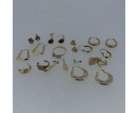 Two pairs of 9ct gold hollow Half Hoop Earrings, together with a pair of small opal and ruby paste ear studs, a damaged three