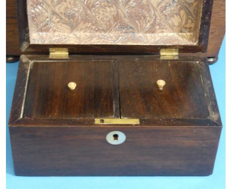 A 19thC rosewood Tea Caddy, with mother of pearl inlays and two lidded compartments within, W 20cm x D 11cm x H 10cm, togethe