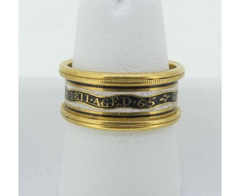 A George III gold Mourning Ring, the centre in black and white enamel 'George Putland Esq. Died 11 June 1811 Aged 65', partia