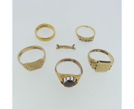 Two 9ct yellow gold Signet Rings, 10.3g, together with a 22ct yellow gold band, 3.6g, a very small graduated five stone diamo