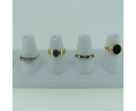 A small 9ct gold Signet Ring, the front set with a plain oval onxy, Size L, 1.8g, together with a very small five stone diamo